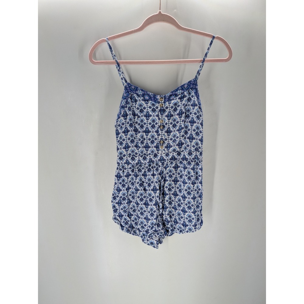 American Eagle Blue White Geometric Tile Print Button Front Smocked Romper XS